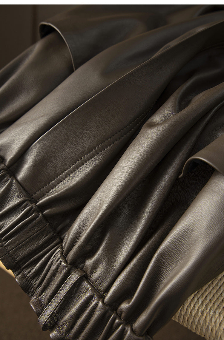 Sheepskin a-line leather midi skirt belt