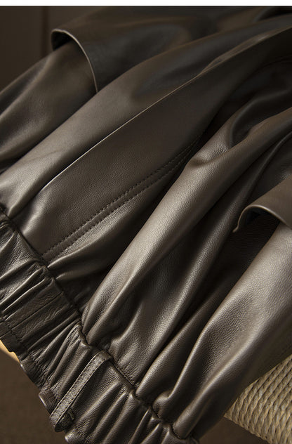 Sheepskin a-line leather midi skirt belt