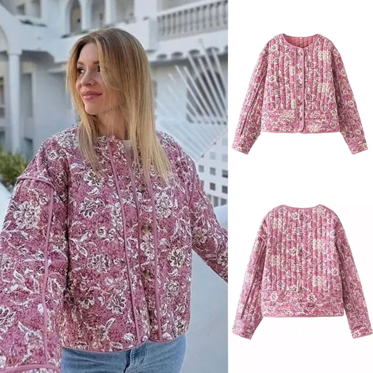 Women Floral Quilted Cotton Jacket Round Neck