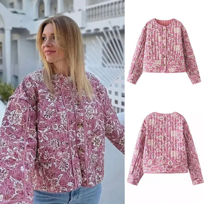 Women Floral Quilted Cotton Jacket Round Neck