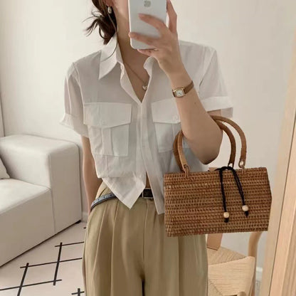 Women Front Pocket Crop Shirts