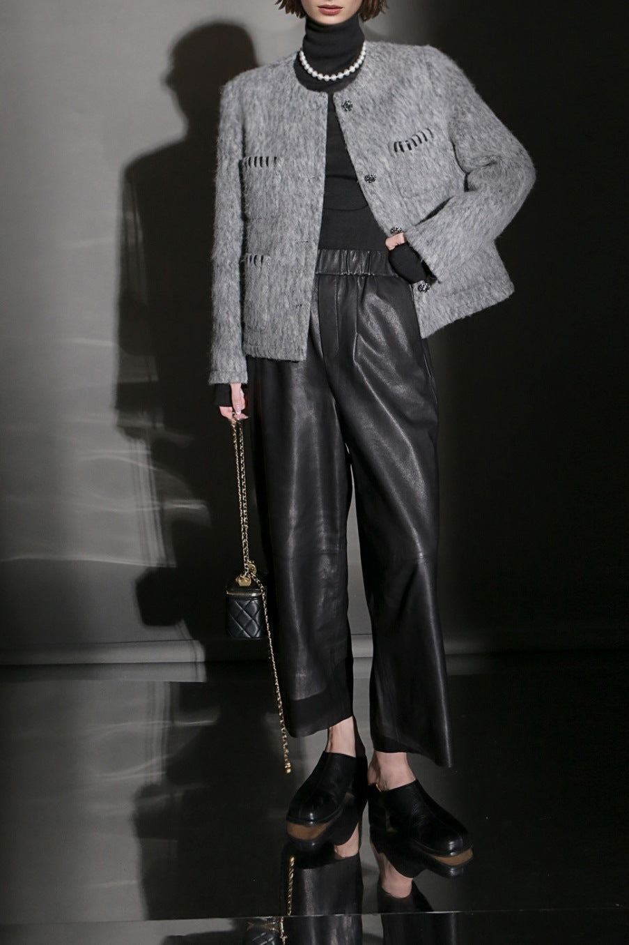 Women Genuine Leather High Waisted Wide Leg Pants