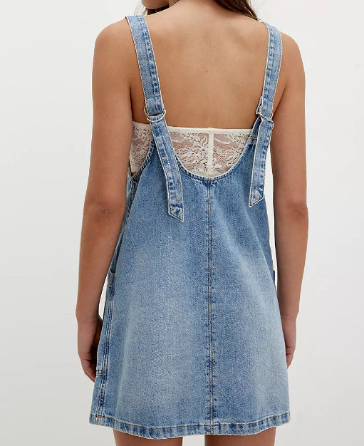 Denim Pinafore Overall Dress with Pockets