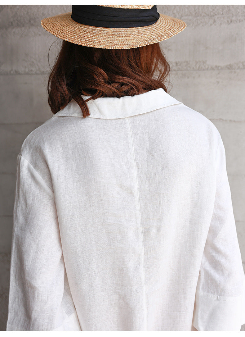 White linen shirt dress v neck half sleeve summer casual