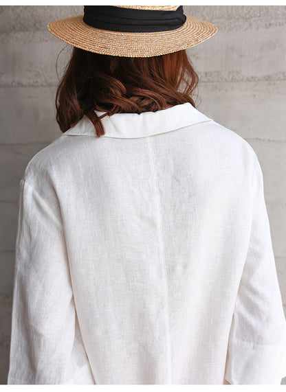 White linen shirt dress v neck half sleeve summer casual