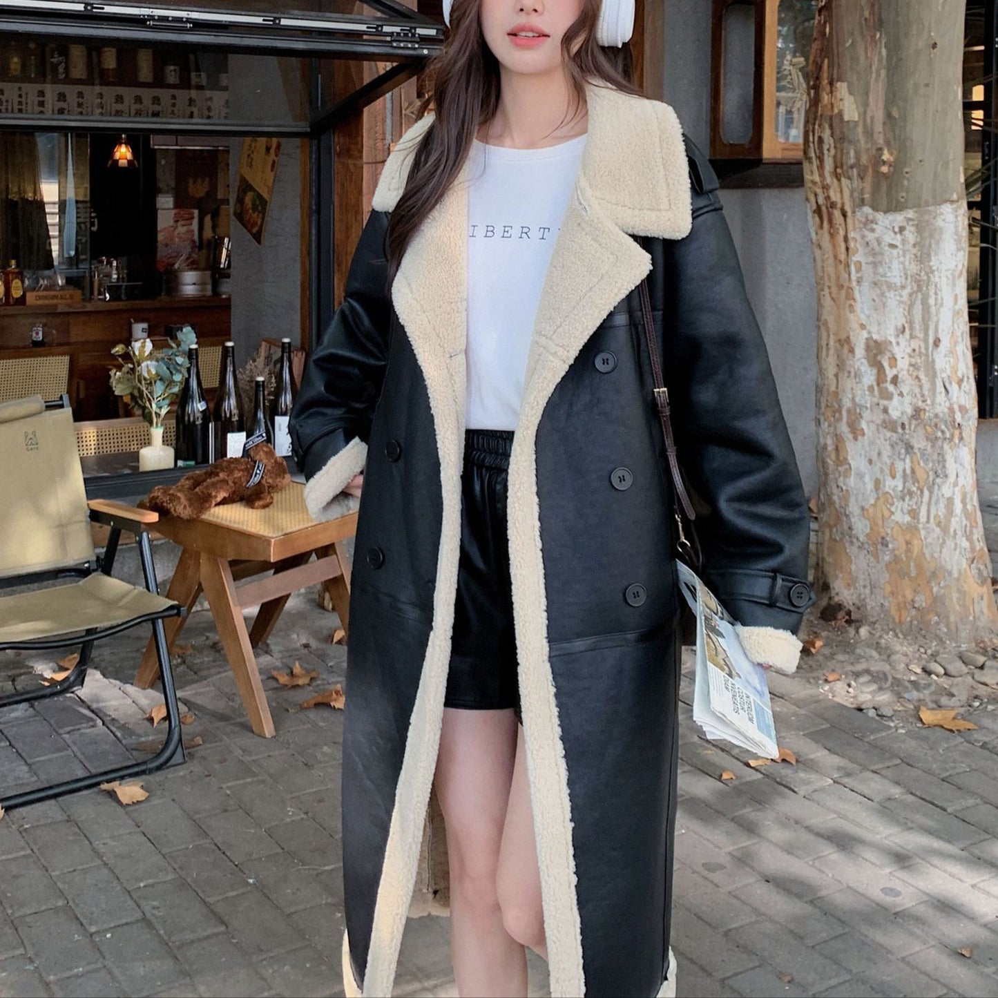 Women Black Leather Trench with Faux Shearling Lining