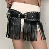 Women black fringe belt skirt high waist studded faux leather wrap