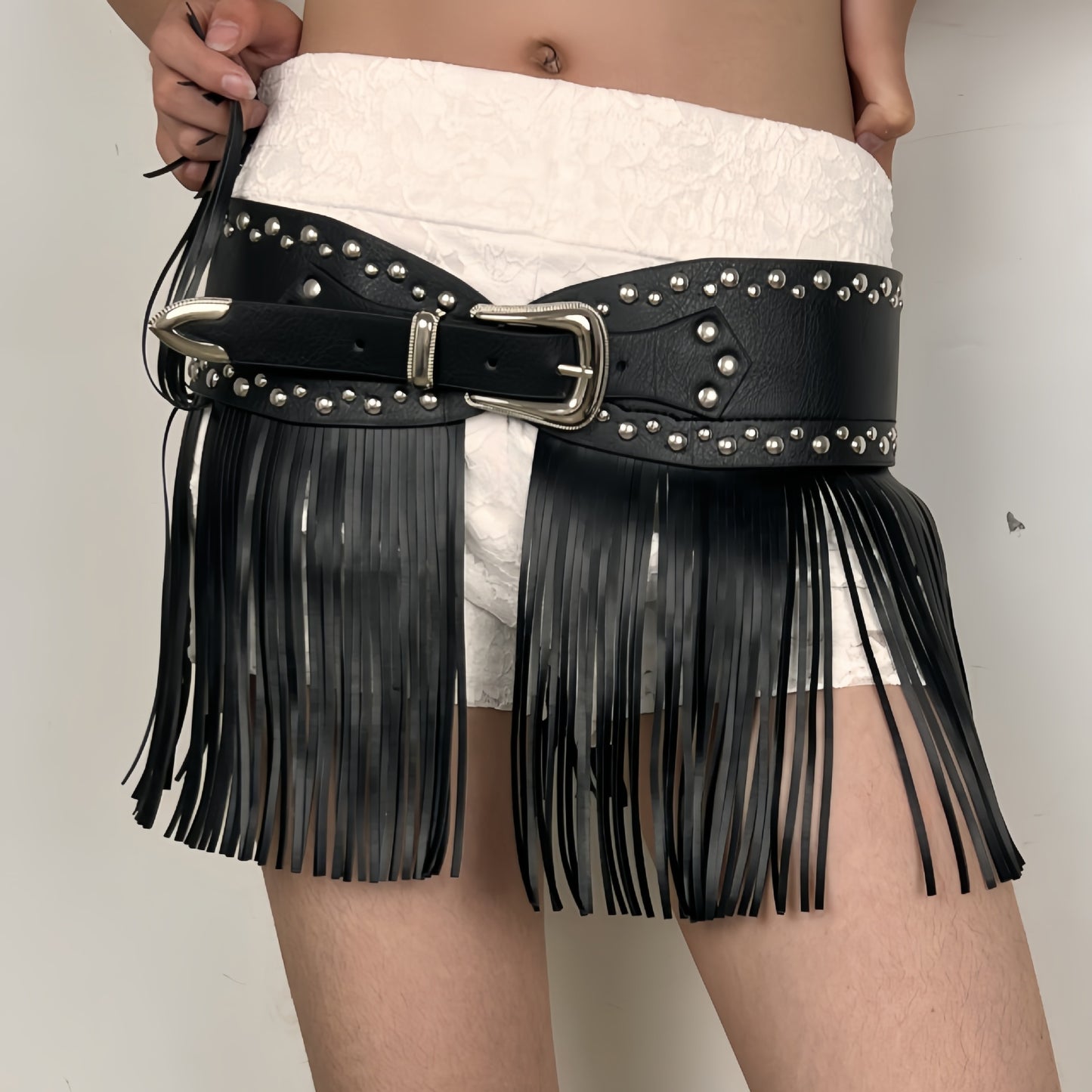Women black fringe belt skirt high waist studded faux leather wrap