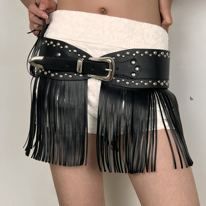 Women black fringe belt skirt high waist studded faux leather wrap