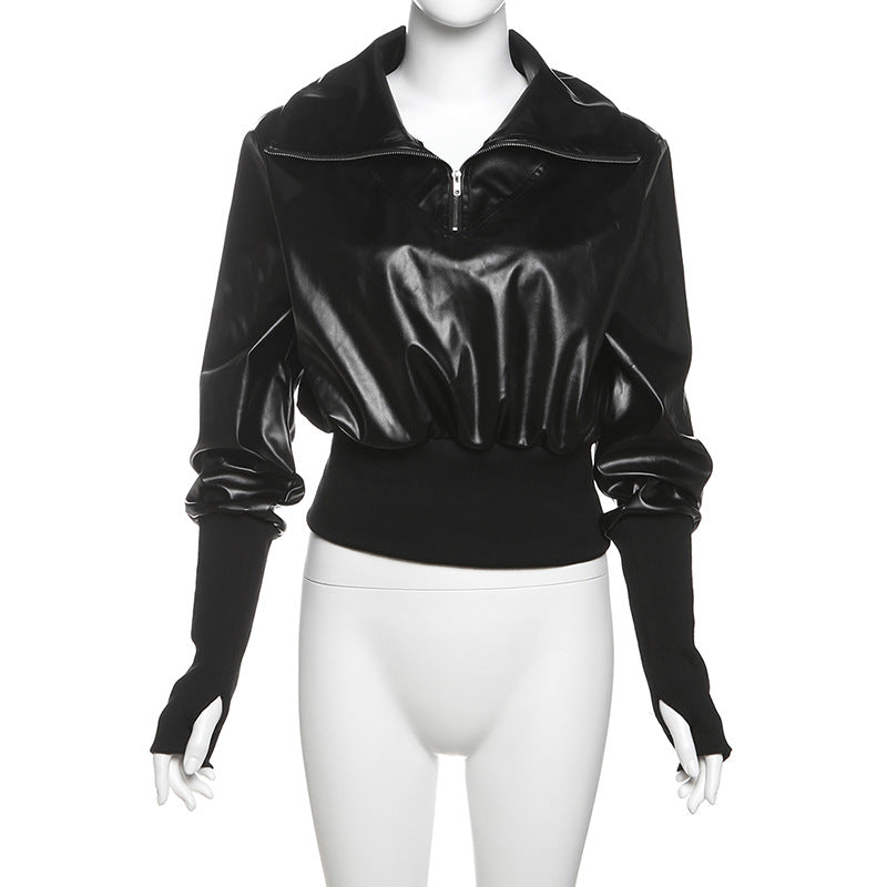 Cropped Faux Leather Bomber Jacket for Women