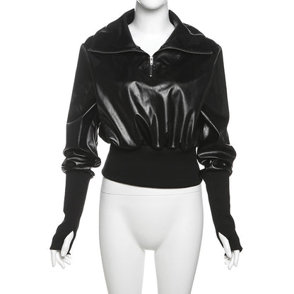 Cropped Faux Leather Bomber Jacket for Women