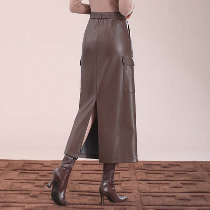 Flap Pocket Split Thigh Imitation Leather Skirt
