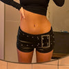 Black Faux Leather Shorts for Women with Buckle Low Waist