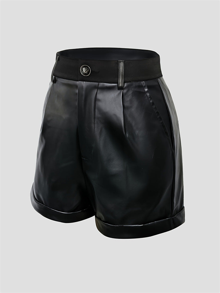 Black Faux Leather High Waisted Shorts for Women with Folded Hem