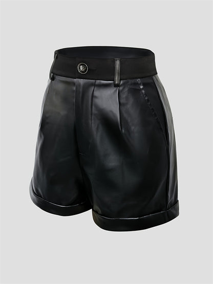 Black Faux Leather High Waisted Shorts for Women with Folded Hem