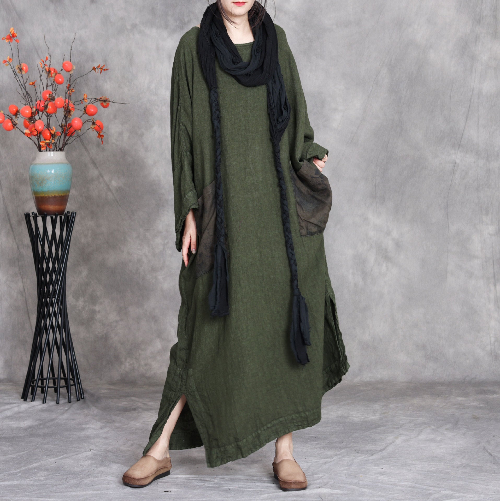 Plus size linen maxi dress loose long sleeve with pockets