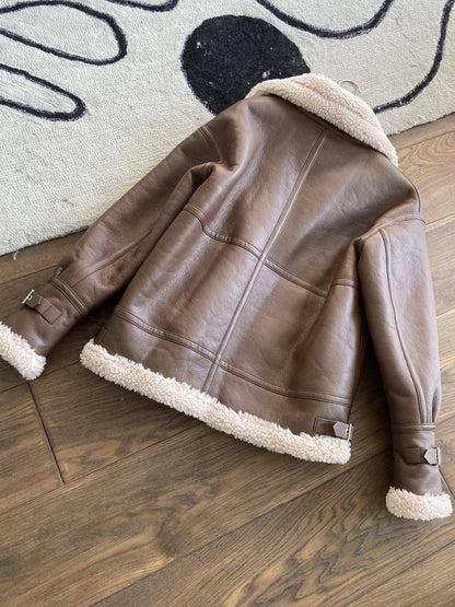 Brown faux shearling aviator leather bomber jacket