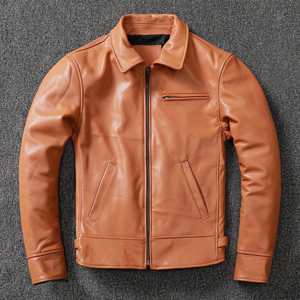 Men's Cowhide Leather Jacket Brown Slim Fit
