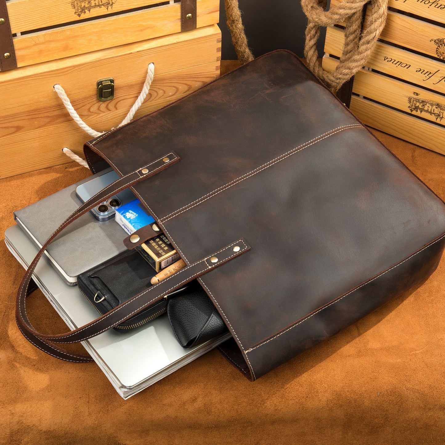 Brown Leather Tote Bag with Zipper for Men and Women