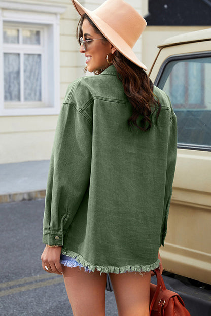 Oversized Lightweight Denim Shirt Jacket With Frayed Hem