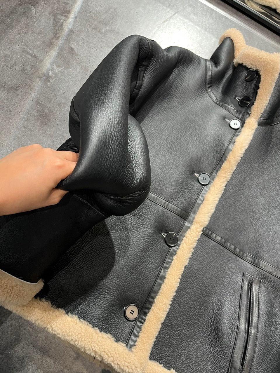 Women’s Short Shearling Two-Sided Leather Jacket Real Fur