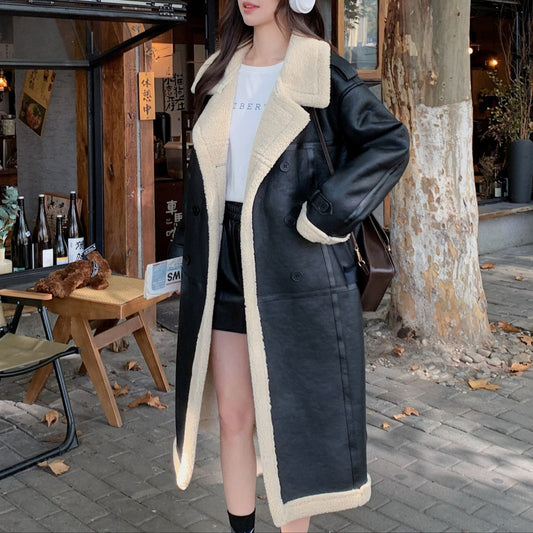 Women Black Leather Trench with Faux Shearling Lining