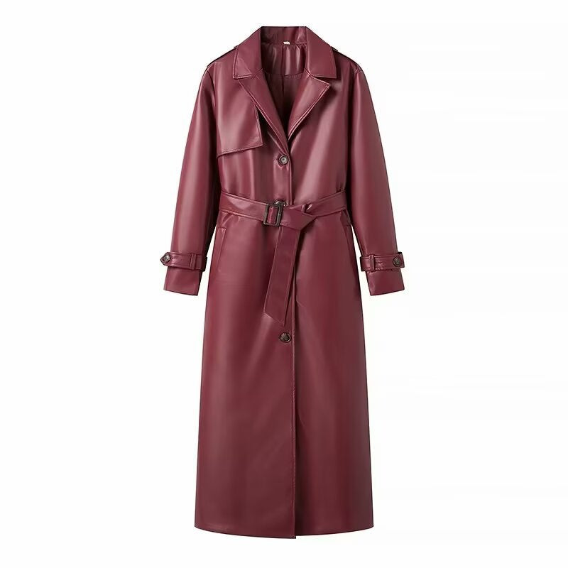 Women’s Faux Leather Belted Trench Coat Long Jacket