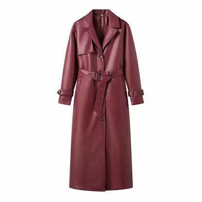 Women’s Faux Leather Belted Trench Coat Long Jacket