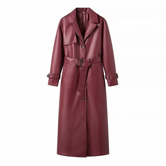 Women’s Faux Leather Belted Trench Coat Long Jacket