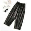 Women Black Genuine Leather Baggy Pants Loose Fit Wide Leg
