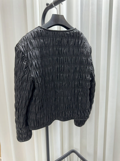 Women Leather Pleated Jacket Quilted V-Neck Short Coat