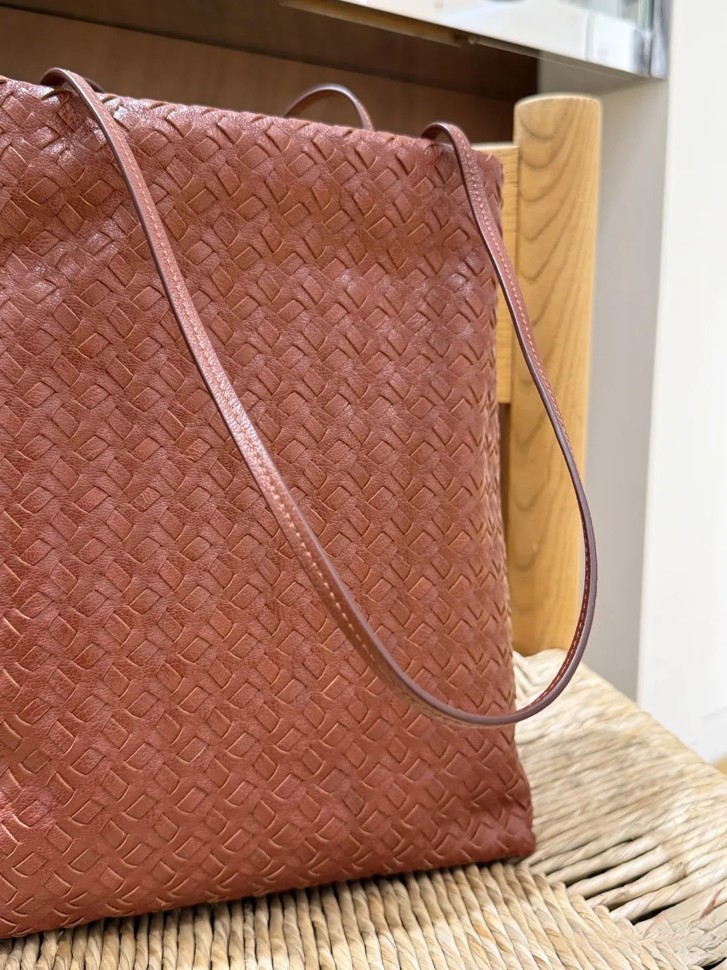 women leather woven tote bag for commuting