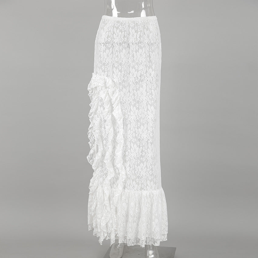 Women’s Sheer Lace High Slit Ruffled White Midi Skirt