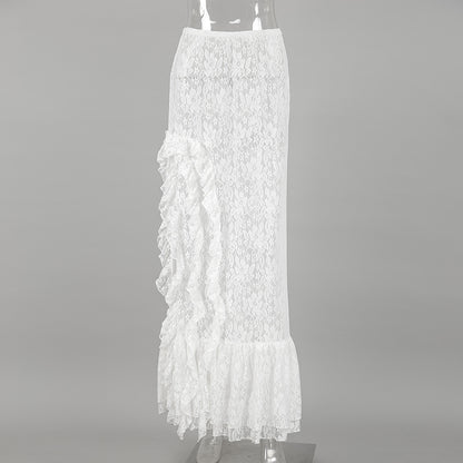Women’s Sheer Lace High Slit Ruffled White Midi Skirt