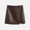 Genuine Leather Mini Skirt High Waist A-Line with Slit