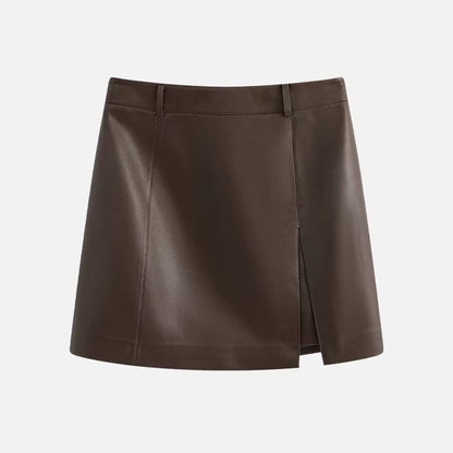 Genuine Leather Mini Skirt High Waist A-Line with Slit