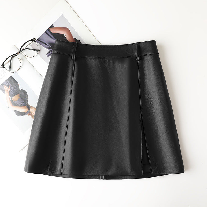 high waisted a-line mini leather skirt with front slit