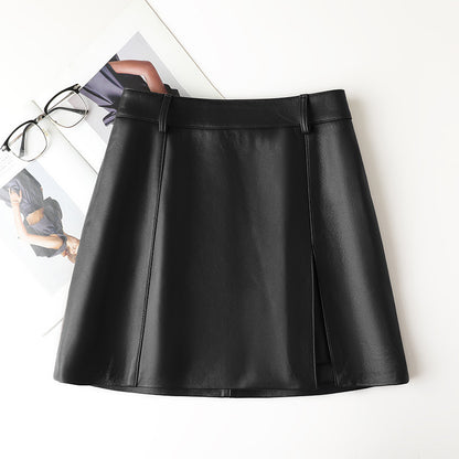 high waisted a-line mini leather skirt with front slit