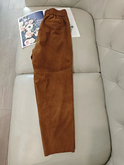 Women Suede Harem Pants High Rise Sheepskin Trousers