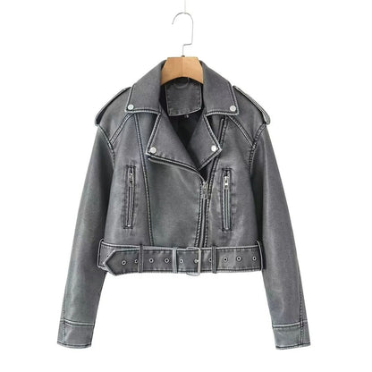 Women Retro Faux Leather Biker Jacket Cropped Moto Jacket with Belt