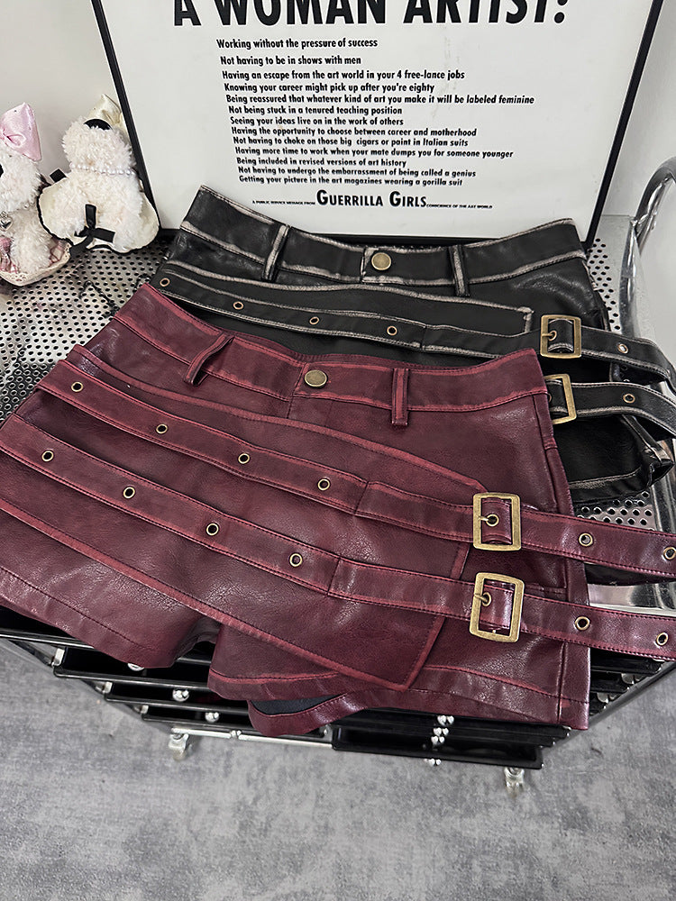 Women High Waisted PU Leather Shorts Belted Bodycon Street Style