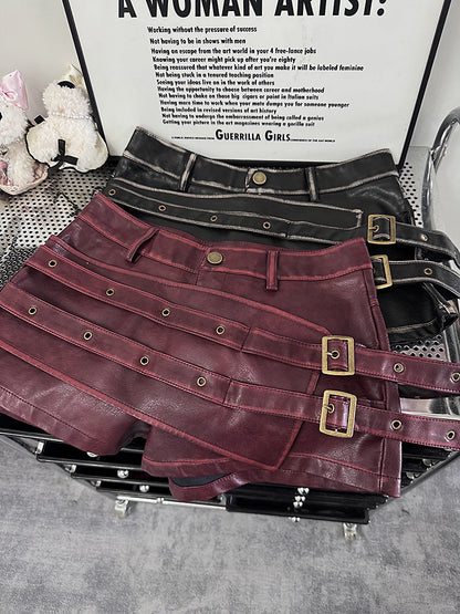 Women High Waisted PU Leather Shorts Belted Bodycon Street Style