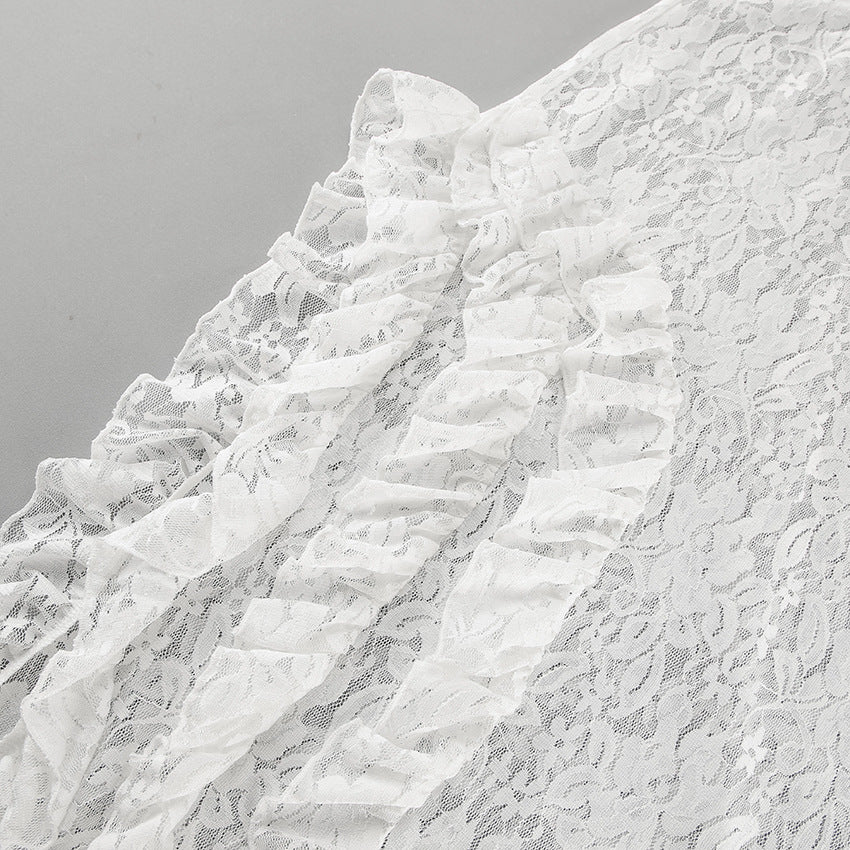 Women’s Sheer Lace High Slit Ruffled White Midi Skirt