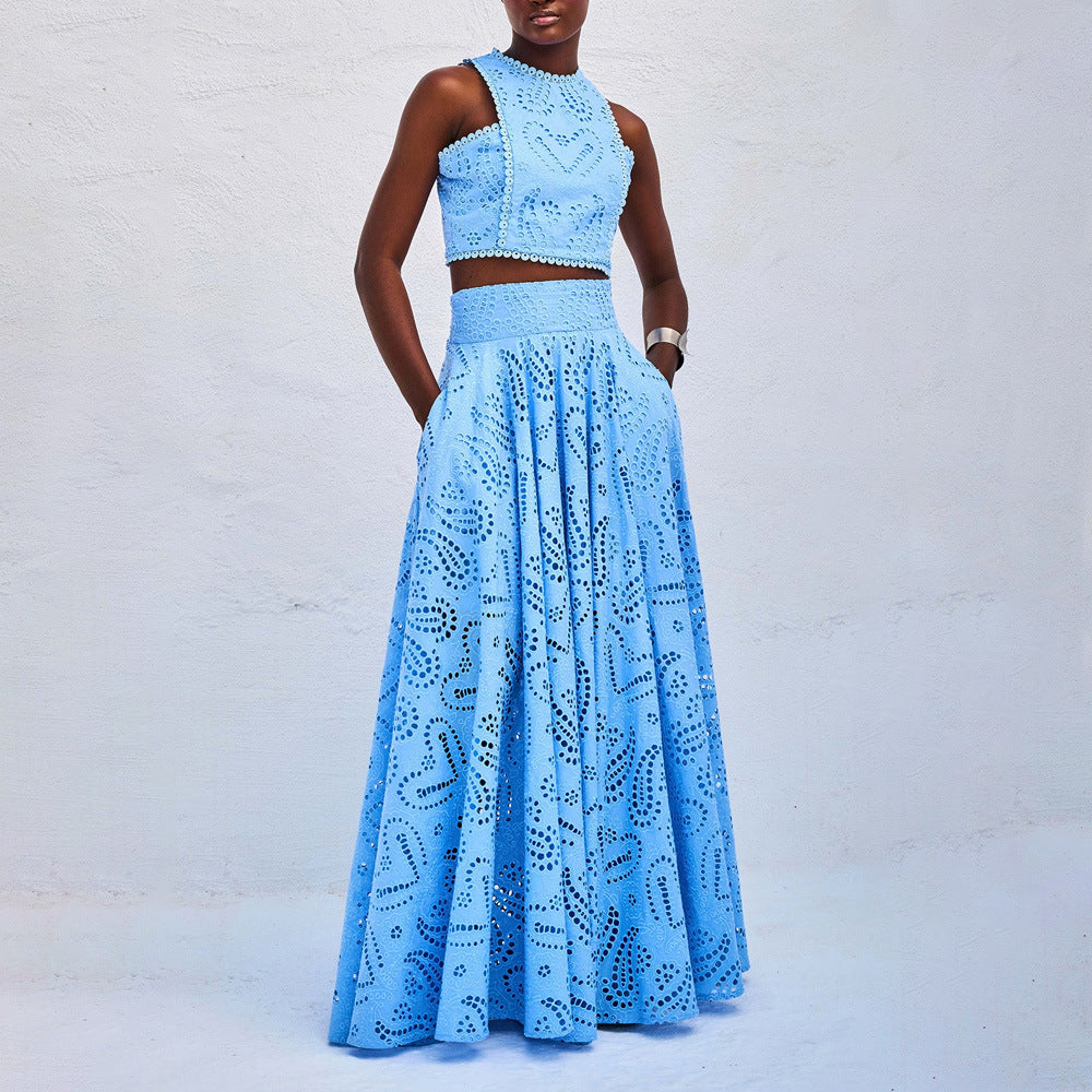 Women’s Lace Embroidered Hollow Two-Piece Midi Skirt Set