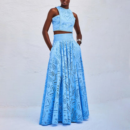 Women’s Lace Embroidered Hollow Two-Piece Midi Skirt Set