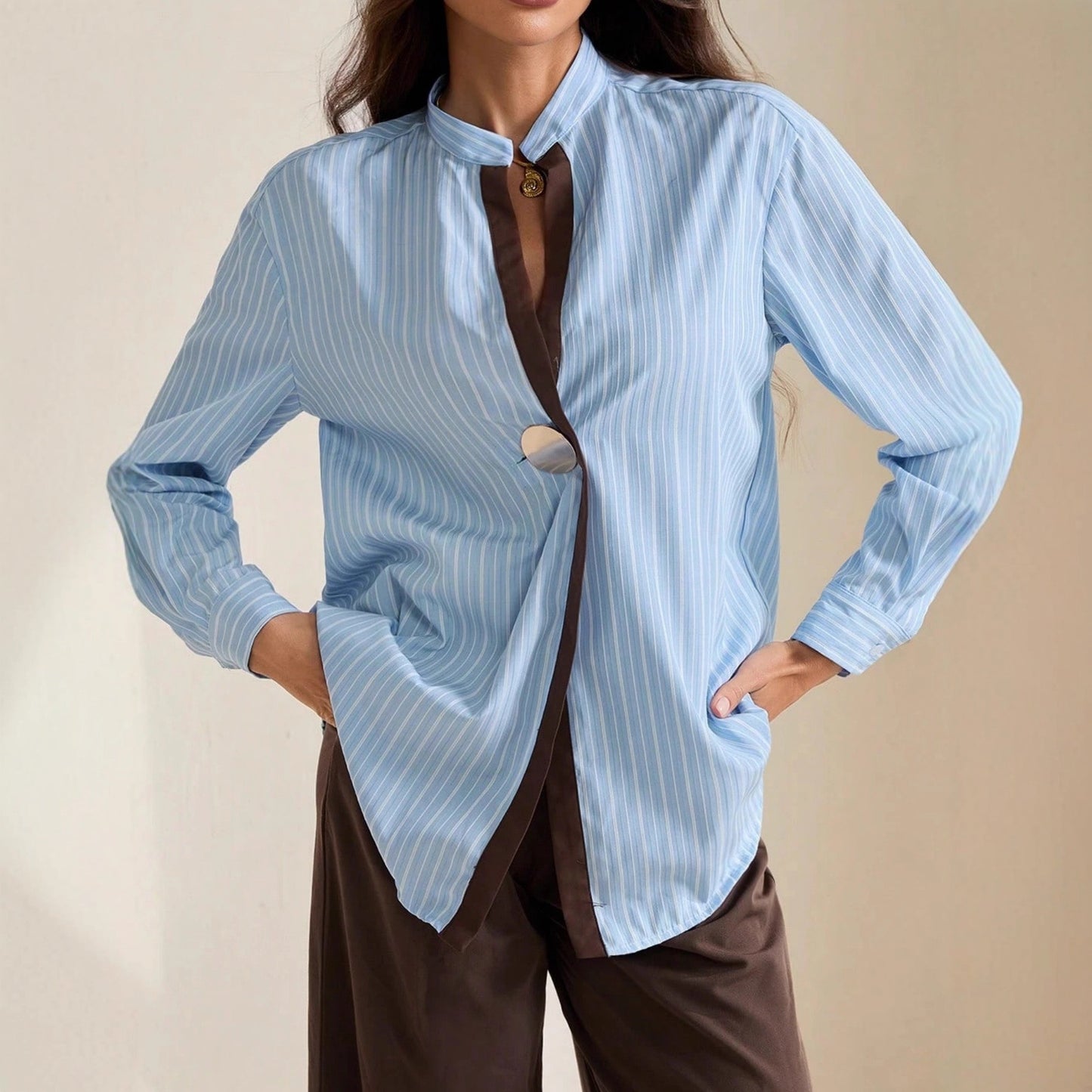 Classic Striped Drop Shoulder Shirts For Ladies
