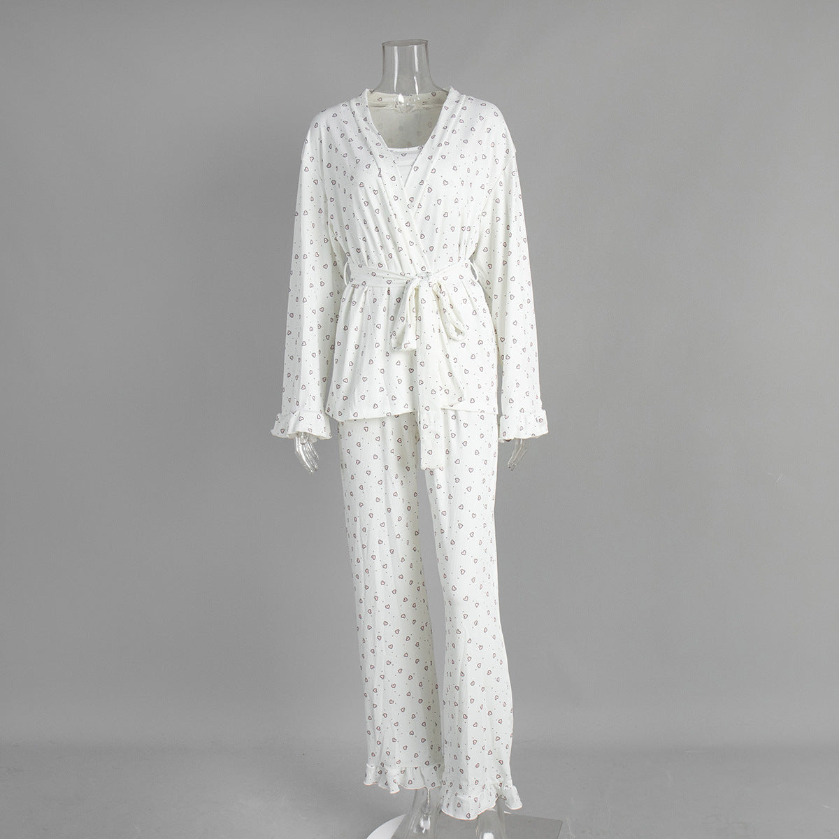 Heart print ribbed three piece women pajama set
