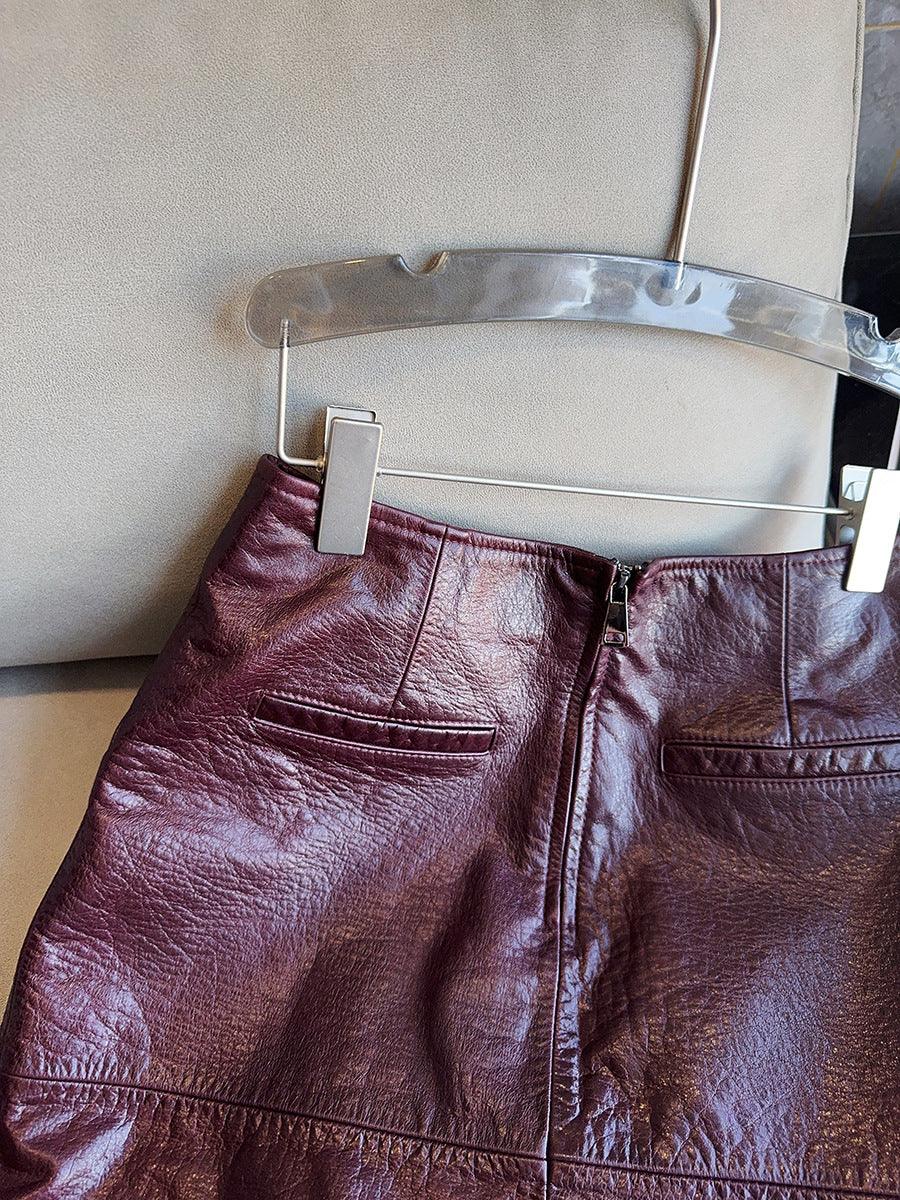 New waxed cowhide slit midi skirt