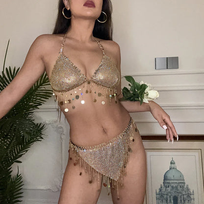 Gold Chainmail Festival Bra & Skirt Set