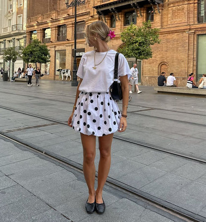 Women Flower Polka Dot Bubble Mini High Skirt